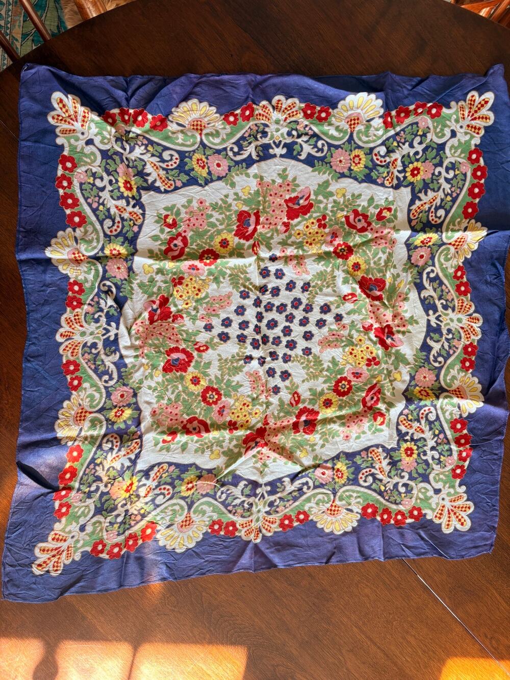 Vintage Floral Scarf 25” Square Silk Feel Navy Red Green Ornate Paisley Flowers